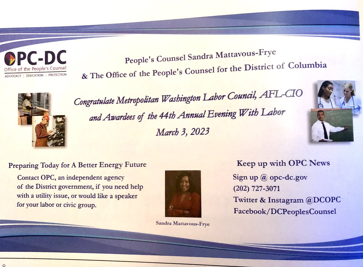 DCOPC's tweet photo. About last night…@DCOPC congratulates the Metro Washington Council & awardees of the 44th Annual Evening with Labor. @DCOPC staff here w @DCLabor President Dyana Forester, 2nd from left, who is a member of our Utility Consumer Advisory Network. #UCAN #dclabor #eveningwithlabor https://t.co/7oN15QD9hg