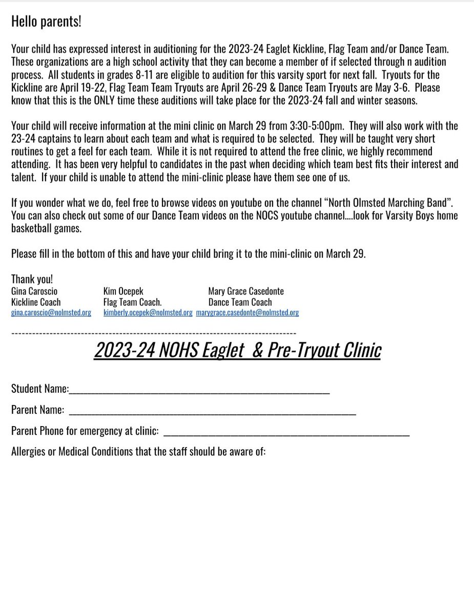 Hey 8th graders!  Eaglet tryouts are coming soon!!  Attend a mini clinic to learn all about our 3 different teams and meet our captains and coaches!  <a href="/FlagNohs/">NOHSEagletFlagTeam</a>  <a href="/NOEagles/">North Olmsted Eagles</a>  <a href="/NOCSEagles/">NorthOlmstedSchools</a>