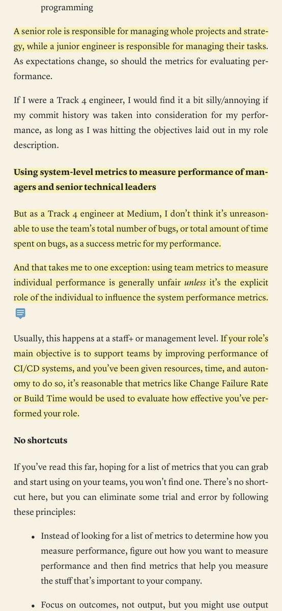 Thiago Ghisi (@thiagoghisi) on Twitter photo Amazing piece by <a href="/rhein_wein/">Laura Tacho 🌮</a> on Expectation Setting for Engineers and what kind of metrics to use instead of the bad ones (lines of code, n# of PRs…)
Especially loved the idea of using system-level metrics to measure performance of Eng. Managers+ & Staff+ Engineers. Amazing piece by <a href="/rhein_wein/">Laura Tacho 🌮</a> on Expectation Setting for Engineers and what kind of metrics to use instead of the bad ones (lines of code, n# of PRs…)
Especially loved the idea of using system-level metrics to measure performance of Eng. Managers+ & Staff+ Engineers.