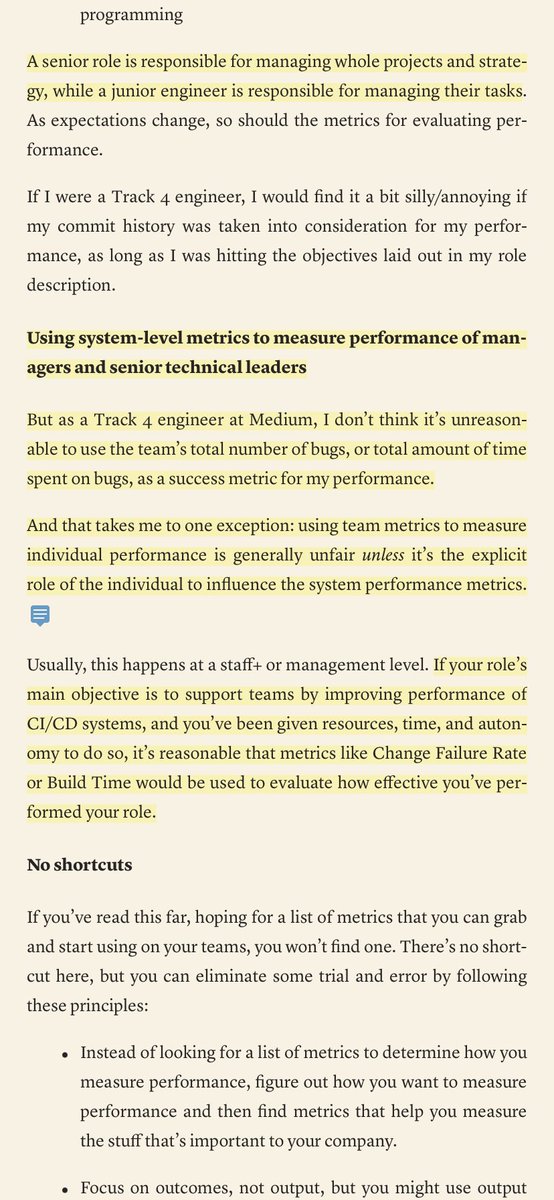 Amazing piece by @rhein_wein on Expectation Setting for Engineers and what kind of metrics to use instead of the bad ones (lines of code, n# of PRs…) Especially loved the idea of using system-level metrics to measure performance of Eng. Managers+ & Staff+ Engineers.