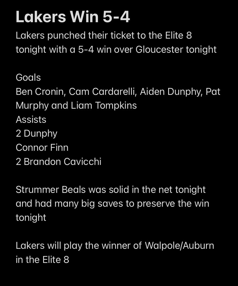 LakersIceHockey's tweet photo. Lakers Win 5-4!  On to the Elite 8 for the second straight season.  @BrocktonSports @sports_ledger @BGlobeSports @MHLbbiglive @MassHSHockey @MassNZ @SLakeathletics https://t.co/q25VWCjcpk