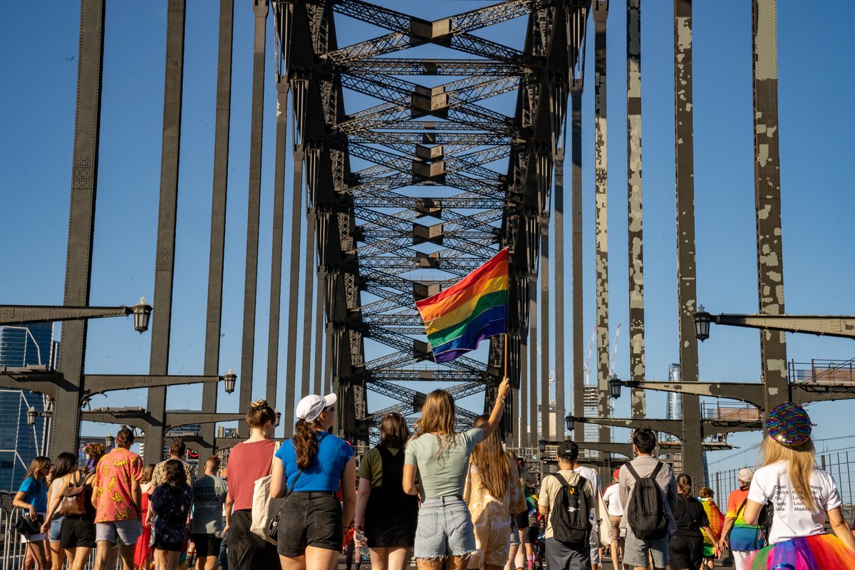 cityofsydney's tweet photo. Today 50,000 people in their brightest colours marched across the Sydney Harbour Bridge in a joyful march for equality. The #PrideMarch was part of a massive finale for @SydWorldPride and included #LGBTIQA+ people &amp; their friends and family. Photo: Abril Felman 1/2 https://t.co/6H0ZCYop2C