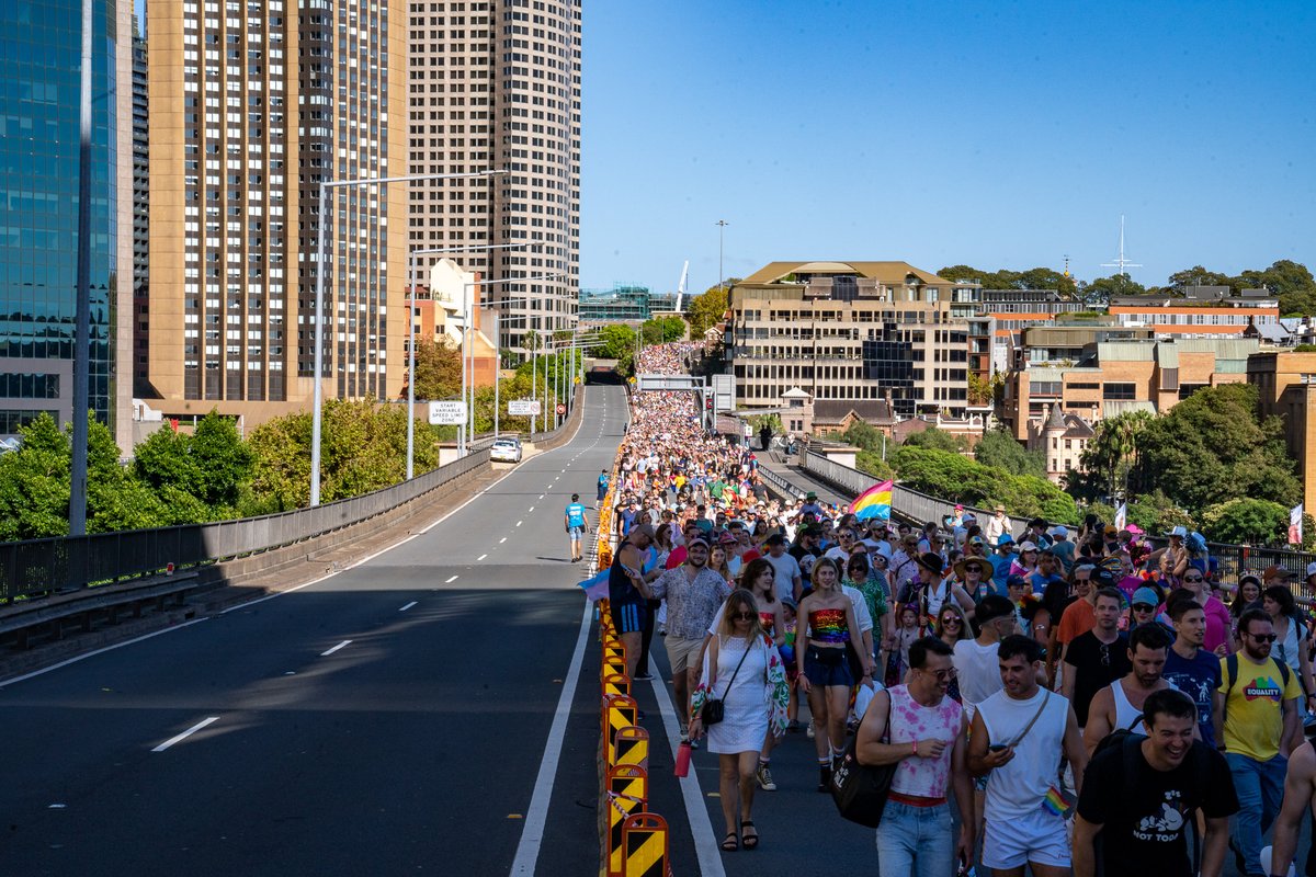 cityofsydney's tweet photo. Today 50,000 people in their brightest colours marched across the Sydney Harbour Bridge in a joyful march for equality. The #PrideMarch was part of a massive finale for @SydWorldPride and included #LGBTIQA+ people &amp; their friends and family. Photo: Abril Felman 1/2 https://t.co/6H0ZCYop2C
