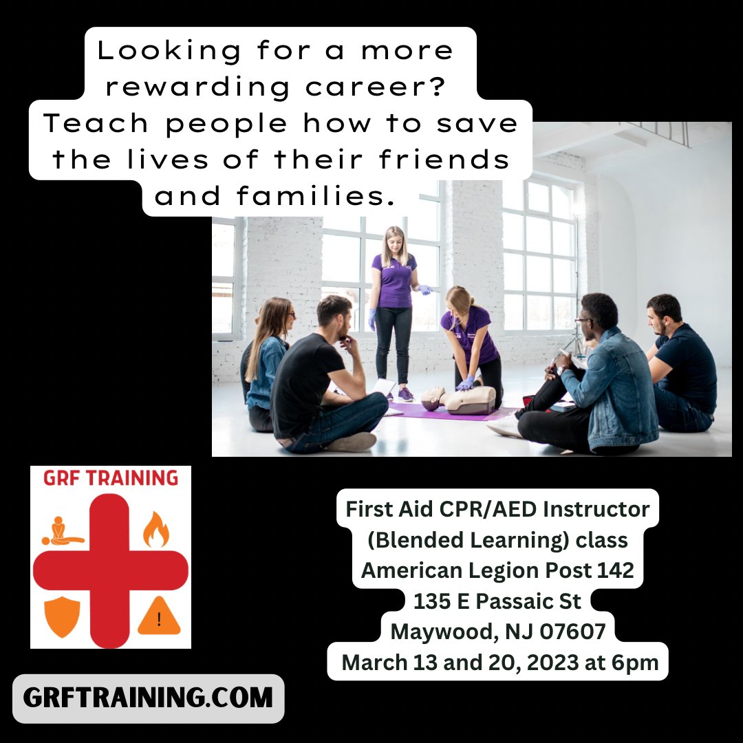 grftraining's tweet image. Everyone needs to learn CPR!
You could be the person teaching them!
 Around Maywood  
 Paramus, New Jersey  
 River Edge, New Jersey  
 Oradell,

Use the link below to sign up
grftraining.com/product/031320…
#cprinstructor #firstaid #cpr #parent #teacher #coach