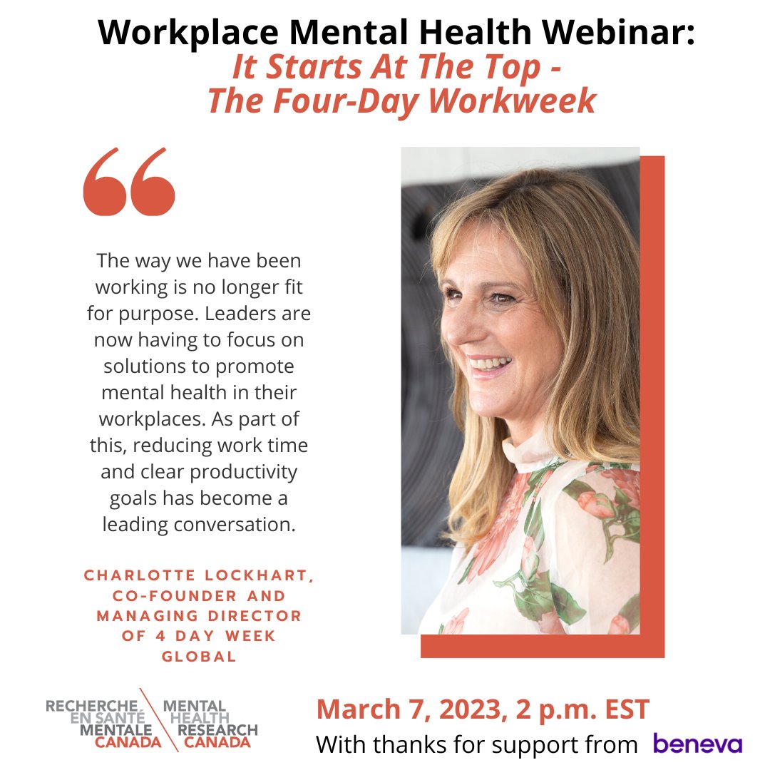 MHRCanada's tweet image. Curious to know what top industry leaders are doing to advance mental health in the workplace? Some have implemented the four-day work week to give personal time back to staff. Tune in for our live panel to hear more about the #fourdayweek. To register:  bit.ly/3GRfWz2