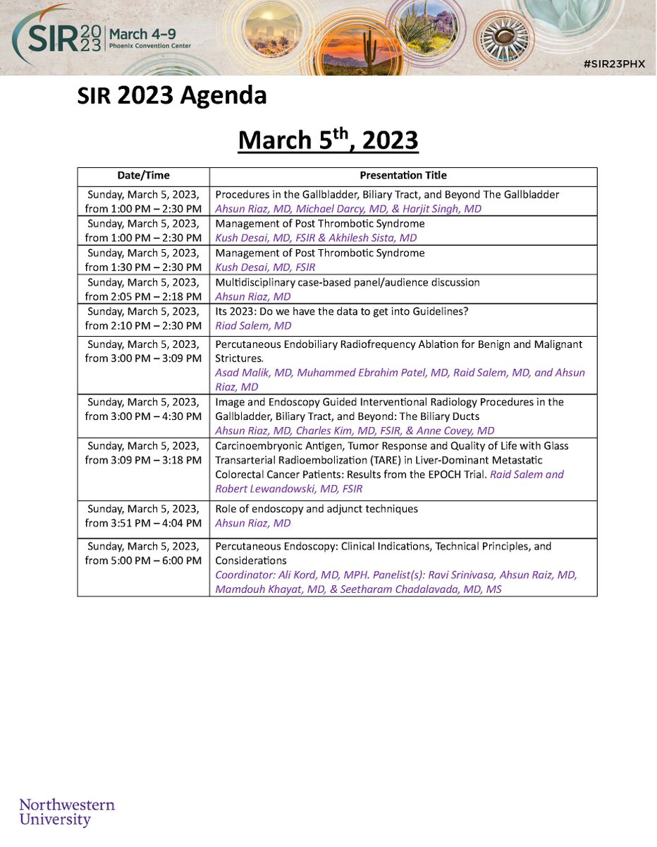 Northwestern Radiology #SIR23PHX agenda includes so many <a href="/NorthwesternIR/">NorthwesternIR</a> members! Don't miss <a href="/kush_r_desai/">Kush Desai</a> <a href="/AhsunR/">Ahsun Riaz</a> <a href="/riadsalemIR/">Riad Salem</a> and Dr. Bob Lewandowski starting tomorrow! #interventionalradiology #embolization #gallbladder #thorombosis #postthrombicsyndrome