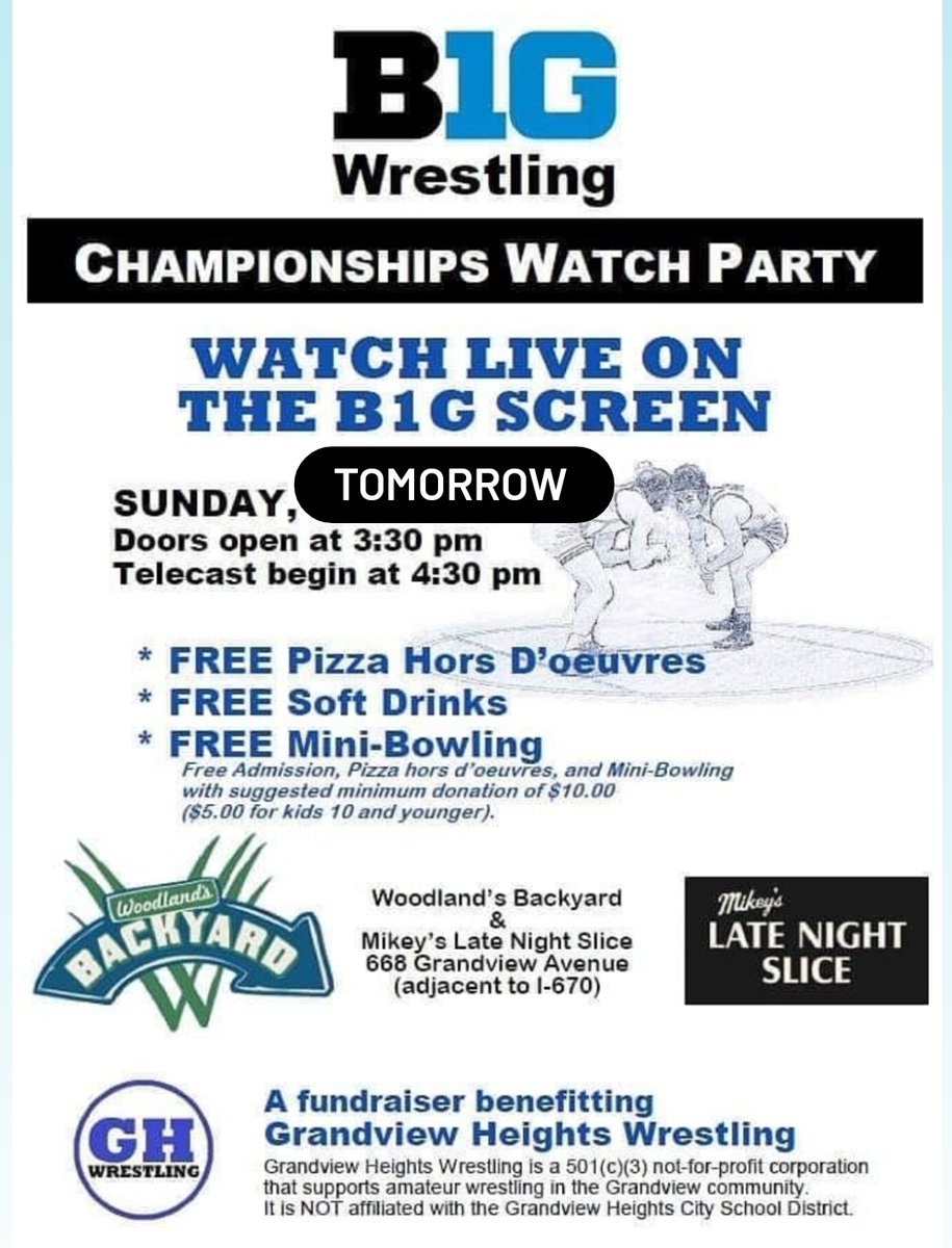 Did we mention that our B1G Watch Party is TOMORROW (Sunday) at <a href="/WoodlandsBkyard/">Woodland's Backyard</a>? B1G shouts to them for hosting!! #wrestling #growwrestling #keepwrestling
