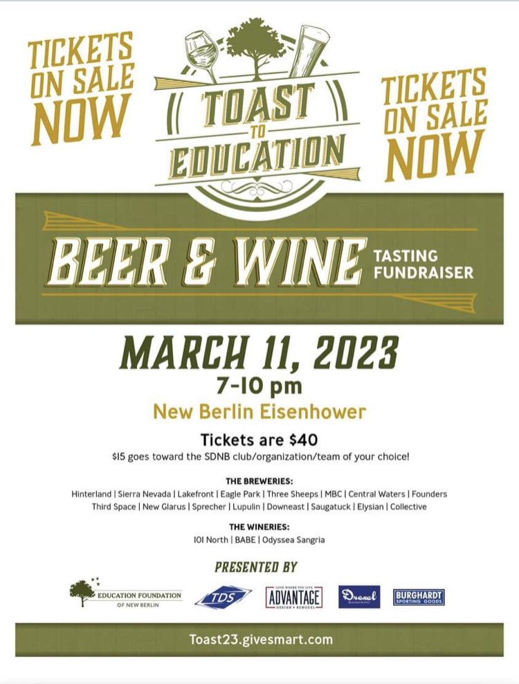 Blitz5148's tweet photo. Education Foundation of New Berlin is hosting the Toast the Education Beer and Wine Tasting Event! Generous local businesses have donated items to us to action off at this event to support our goals in learning and spreading STEM. Buy tickets at https://t.co/qf4uuZXJNl https://t.co/qCmUKzQLYr