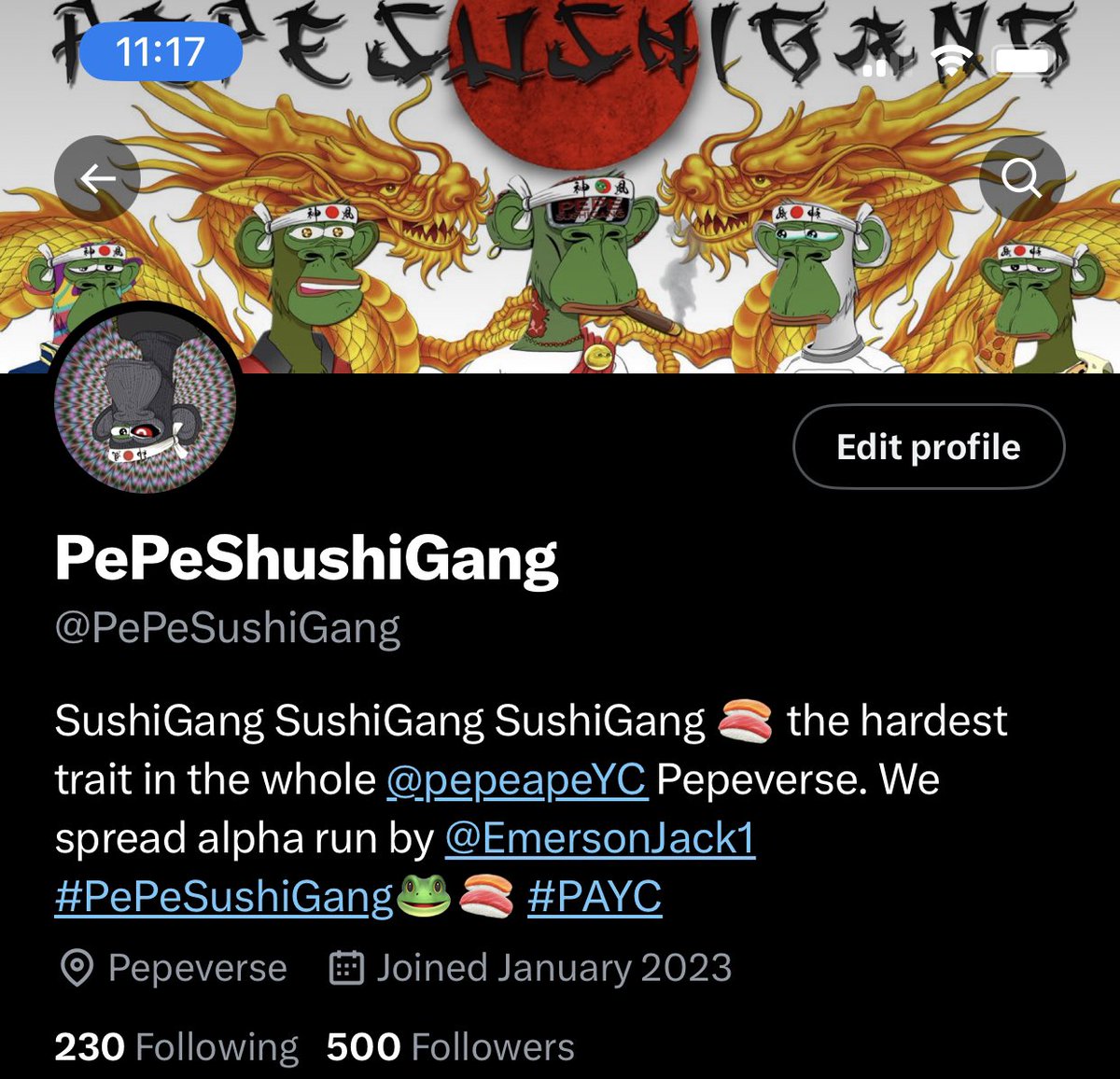 This is a risky tweet because I know pepes will unfollow me for the lols and trolls 🐸😂 but I finally made the 500 follower mark. Thanks to all my Pepe’s and friends who follow me. Thanks to @PepeApeYC and all the community that keeps it going. #PepeSushiGang🐸🍣 #NFTCommunity