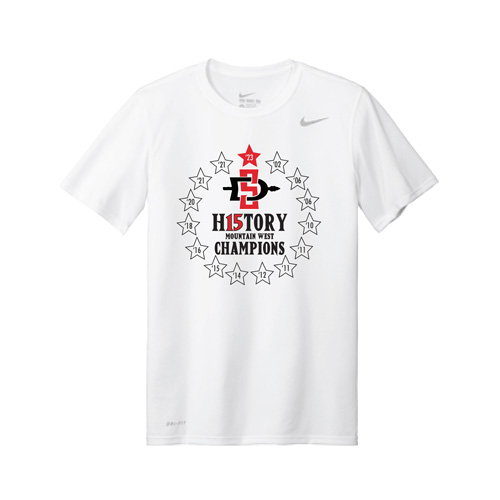San Diego State's "H15story" championship t-shirt commemorates each of the program's 15 Mountain West regular season and tournament titles. shopaztecs.com/p-16151-h15sto…