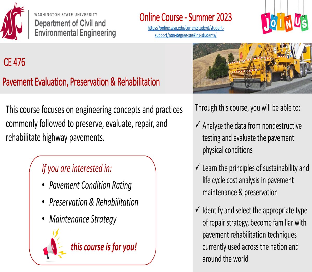 InfraDurability's tweet photo. #Online #Course Summer 2023
@wsucee @WSUGlobal 
CE 476 #Pavement #Evaluation, #Preservation &amp; #Rehabilitation
Engineering concepts &amp; practices commonly followed to preserve, evaluate, repair, and rehabilitate highway pavements.
#ConditionRating #NDT #Maintenance #Strategy #HMA https://t.co/bGZtsZHqA1