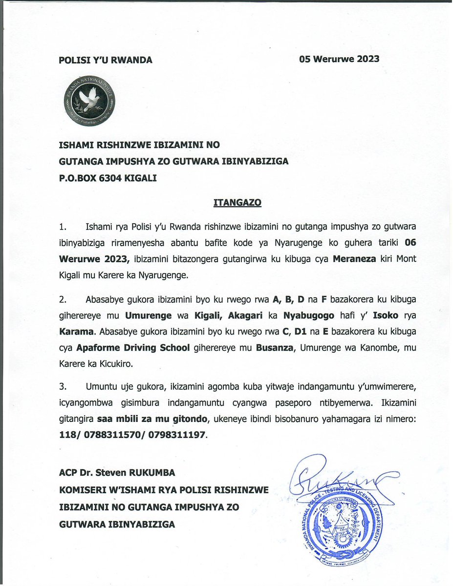 Rwandapolice's tweet photo. ITANGAZO https://t.co/FLKhcVSFHQ