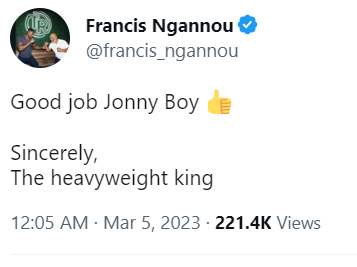 BloodyElbow's tweet photo. Francis Ngannou responds to Jon Jones' win at UFC 285 https://t.co/hQaILsmcCq