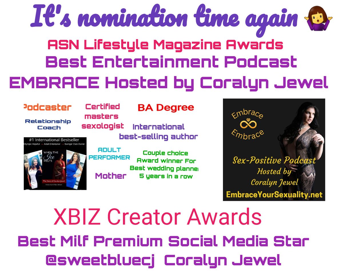 Coralyn Jewel (@coralynjewel) on Twitter photo Yes help us out nominations open for <a href="/ASNAWARDS/">ASN AWARDS</a> <a href="/Lorenzo4016/">Lorenzo</a> for #socialmedia <a href="/DeviationGames/">Deviation Games</a> for #novelty and <a href="/SweetblueCJ/">Coralyn Jewel sexy sophisticated slutty Seductress</a> for #bestentertainnentpodcast <a href="/Highprofilepod/">Embrace Hosted by Coralyn Jewel</a> #Embrace Yes help us out nominations open for <a href="/ASNAWARDS/">ASN AWARDS</a> <a href="/Lorenzo4016/">Lorenzo</a> for #socialmedia <a href="/DeviationGames/">Deviation Games</a> for #novelty and <a href="/SweetblueCJ/">Coralyn Jewel sexy sophisticated slutty Seductress</a> for #bestentertainnentpodcast <a href="/Highprofilepod/">Embrace Hosted by Coralyn Jewel</a> #Embrace