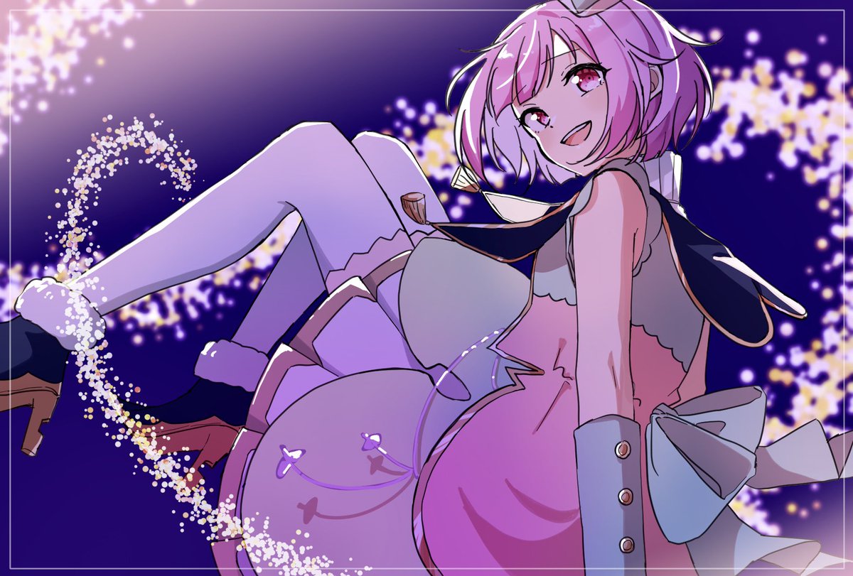 1girl solo pink hair pink eyes short hair smile open mouth  illustration images