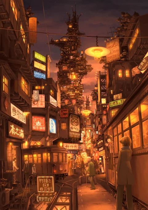 #今までで作画カロリーMAXの作品上げようぜ
作画を線画という意味で捉えるなら、この絵ですね。
全体見ながらというより、ひたすらお店を描き続けたらいつの間にか積みあがっていたタイプの絵です🏙 