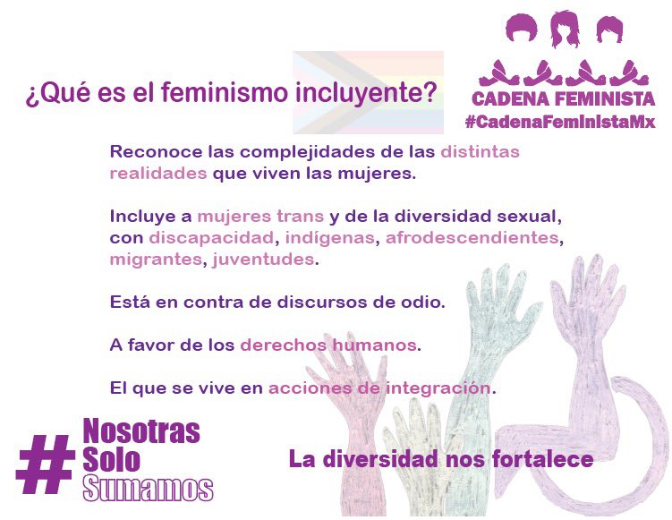¿Que es el feminismo incluyente? Nosotras en #CadenaFeministaMx estamos convencidas de que NINGUNA mujer debe quedar fuera en la lucha en contra de las discriminaciones es por eso que #NosotrasSoloSumamos 🧡💜💚♿️🏳️‍🌈🏳️‍⚧️