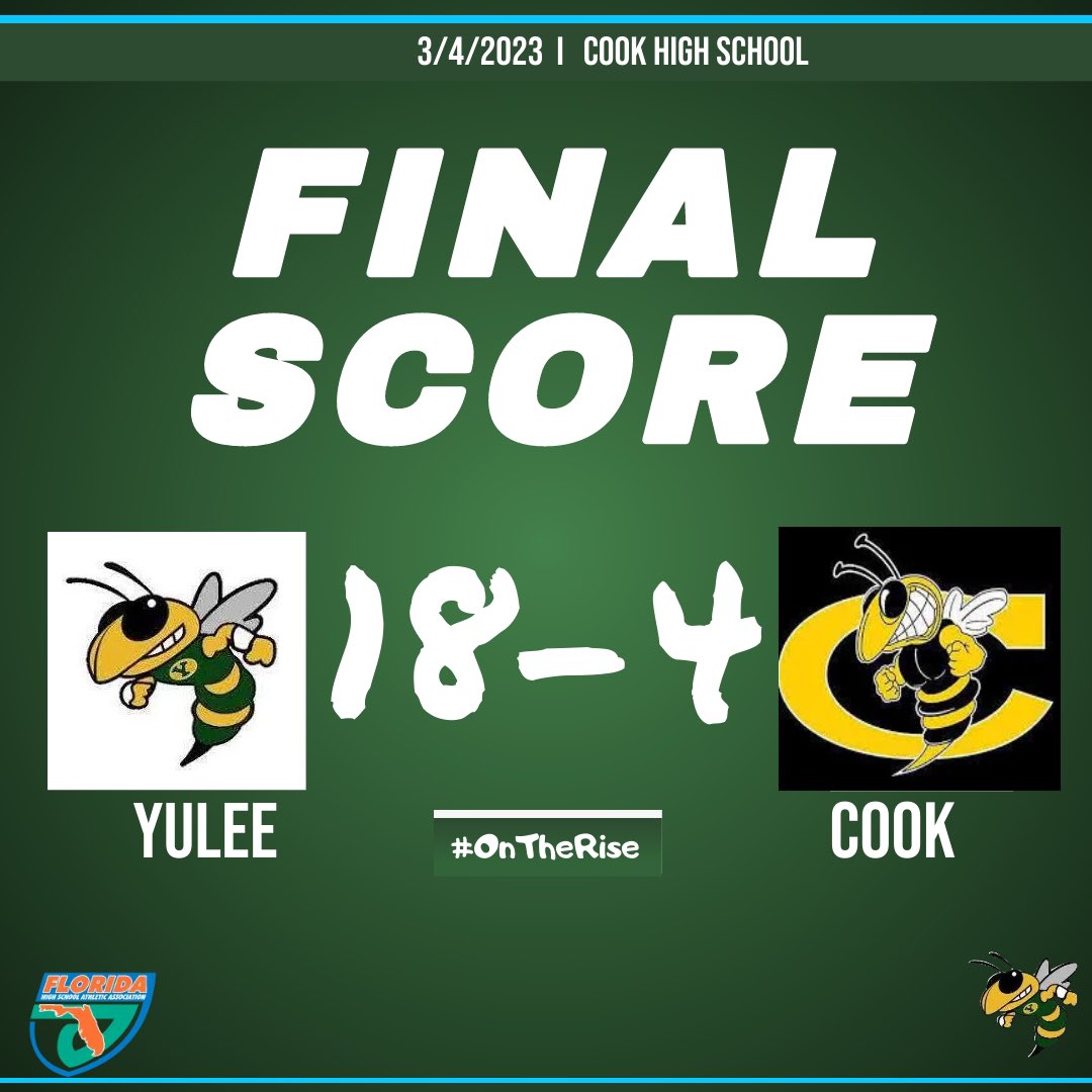 Yulee wins the battle of the Hornets! Defeating South Georgia powerhouse Cook County with a final score of 18-4! Offense explodes with 16 hits! Hornets improve the overall record to 4-1! #YuleeBaseball #HornetBaseball #🐝⚾️ #FHSAA #OnTheRise #FHSAA
