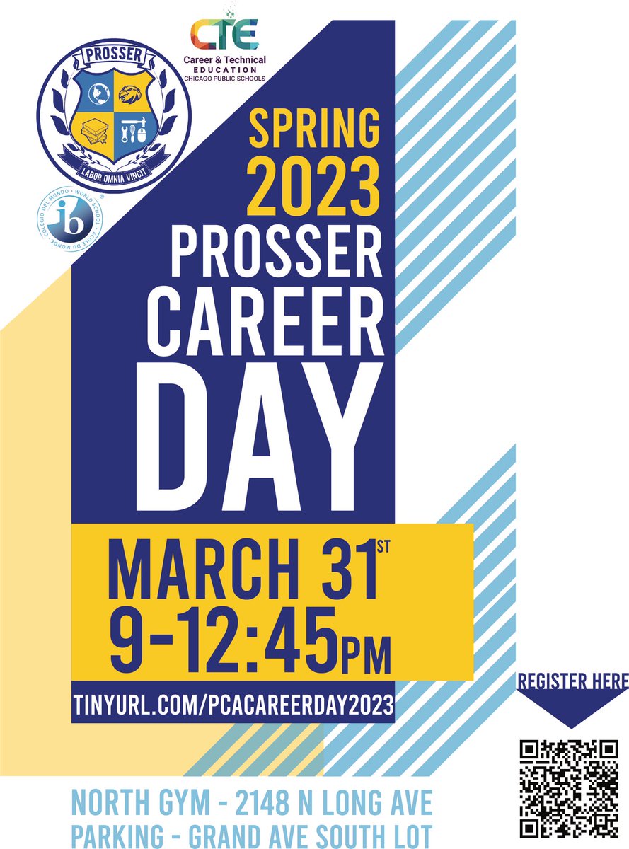 Prosser CA (@prosser_ca) on Twitter photo We would like to cordially invite you to participate in our Career Day on Friday, March 31st, 2023 from 9 - 12:45 PM in the Prosser North Gym (2148 N. Long Avenue).
Please use link below to register: tinyurl.com/PCACareerDay20…
#weareprosser <a href="/CPSCareerReady/">CPSCollege&Career</a> <a href="/ChiPubSchools/">CPS - Chicago Public Schools</a> We would like to cordially invite you to participate in our Career Day on Friday, March 31st, 2023 from 9 - 12:45 PM in the Prosser North Gym (2148 N. Long Avenue).
Please use link below to register: tinyurl.com/PCACareerDay20…
#weareprosser <a href="/CPSCareerReady/">CPSCollege&Career</a> <a href="/ChiPubSchools/">CPS - Chicago Public Schools</a>