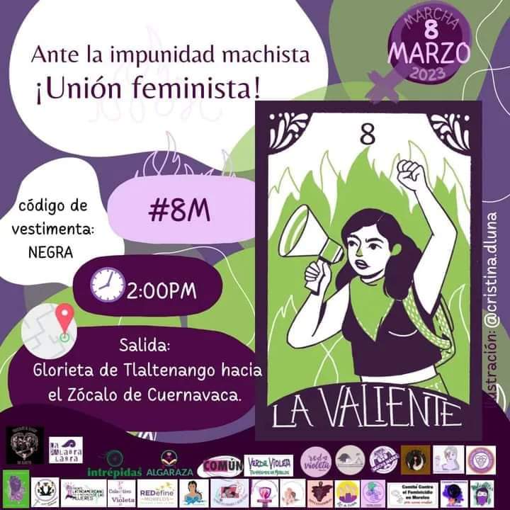 ¡Ante la impunidad machista, unión feminista!
 8 marzo,Cuernavaca, Mor.
-Salida, 2p.m. desde la Glorieta de Tlaltenango hacia el Zócalo de Cuernavaca.
 El código de vestimenta es asistir de negro, con pañuelos verdes, morados.
Ilustración <a href="/cristina/">Cristina Rodriguez® OFICIAL</a>.dluna
#8M #UniónFeminista