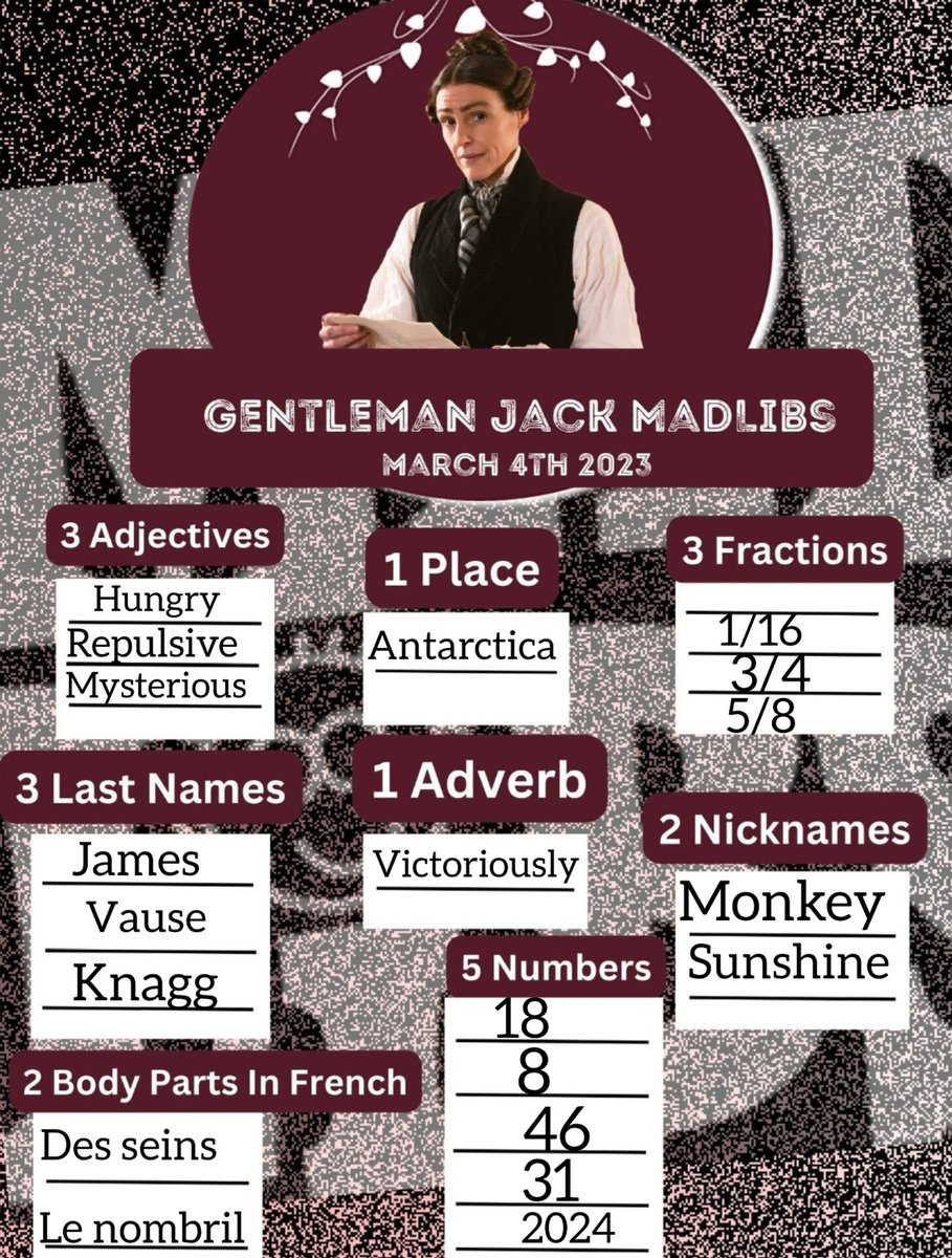 Having a go at #GentlemanJackMadLibs #ComeBackGentlemanJack @LookoutPointTV @BBC @AppleTVPlus @masterpiecepbs