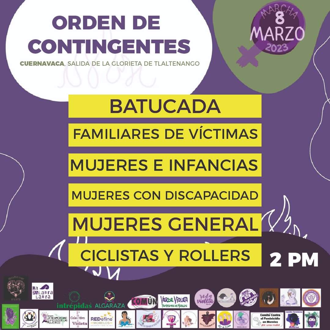 ¡Este #8M salgamos a tomar las calles!

Te compartimos el orden de los bloques para que juntas generemos un espacio de seguridad, respeto y cuidado mutuo durante la movilización.

#8MMorelos #8M #uniónfeminista #DíaInternacionalDeLasMujeres #NiUnaMenos #MujeresEnLucha