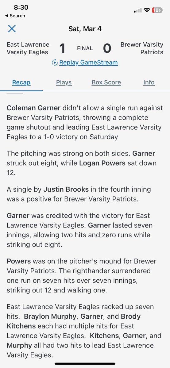 cgarner27's tweet photo. CG Shutout today against Brewer High School. 8Ks, 2BB, 2 Hits Allowed
2/3 with 2 singles as well @EastEagles @BlackSoxBBall @dingernationbb @PBR_Alabama @PBR_Uncommitted @DavidSharpPBR @CalebSuggs2 @baine_garner @treed0035 https://t.co/zekZ71ccT3