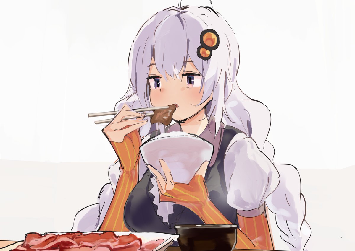 kizuna akari 1girl solo eating chopsticks food bowl braid  illustration images