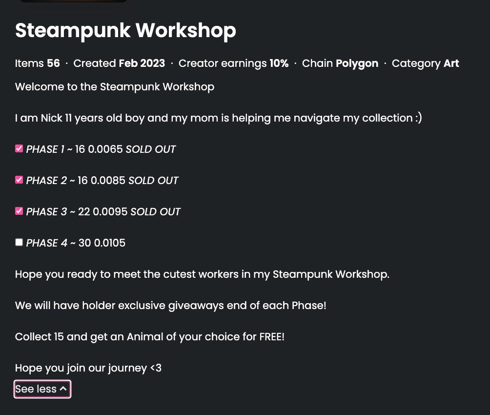 💫Monday💫

Phase 4 begins for my boy Nick’s Workshop ❤️😍❤️

🔥1 ETH VT &amp; Trending on OS 🔥

✨2 Fixed (0.0105)
✨2 Auctions

😍Twinkie will be on 1 Hr Auction 😍

Join our FAST growing Workshop Fam ❤️🥰❤️🥰❤️🥰❤️🥰❤️🥰❤️🥰❤️

opensea.io/collection/ste…

#NFTdrop #NFTCommunity