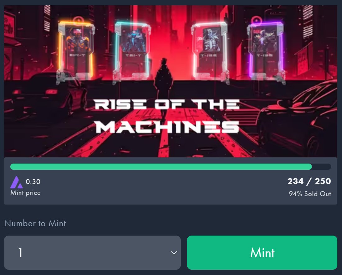 forexus's tweet photo. We have gotten wings my friends, only 16 "Rise of the Machines" #AVAX mints are left on @0xCampfire 
Grab yours for 0.3 $AVAX before its really to late #Avalanche 
The terminators are coming🔋🔥 https://t.co/QOS00Zlazd