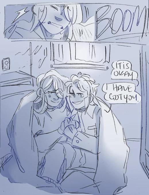 commission for @deerprynce: emmet comforting volo during a thunderstorm 