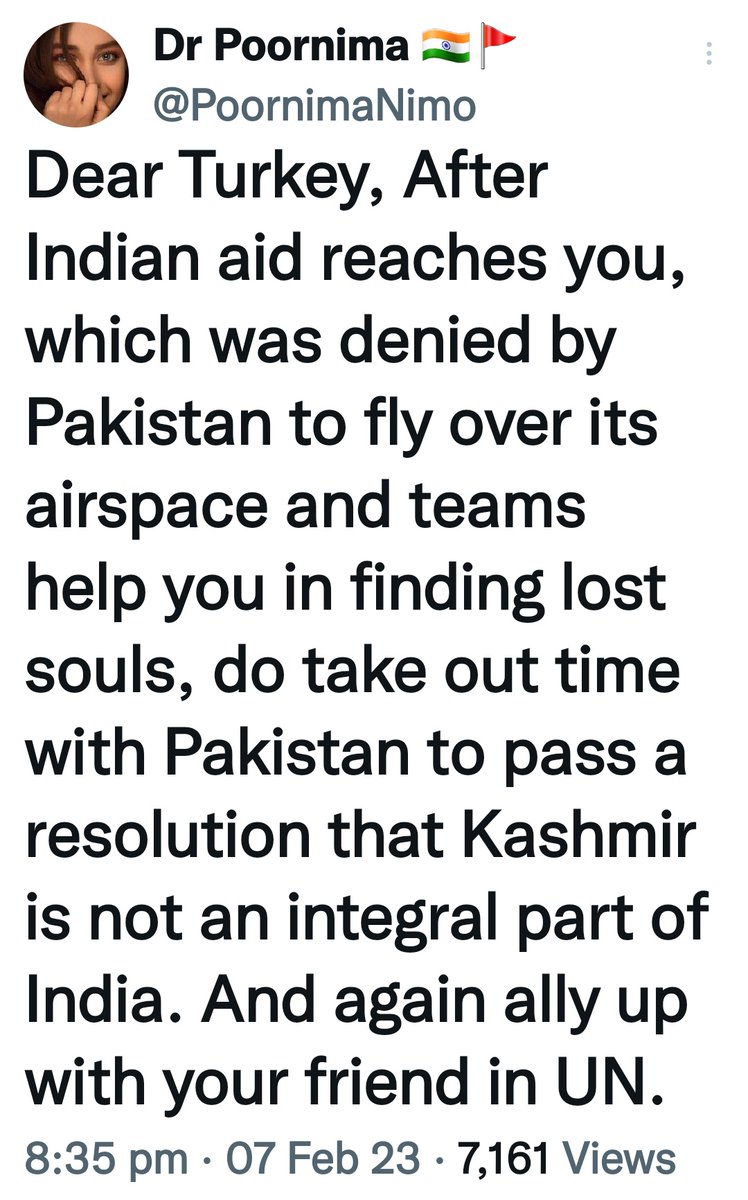 PoornimaNimo's tweet photo. My tweet of 07 February 23. We Indians know how Turkey would behave. Its just that we Indians help our opponents also in times of need. Thats Sanatan sanskriti. https://t.co/OMfCKqGv6n