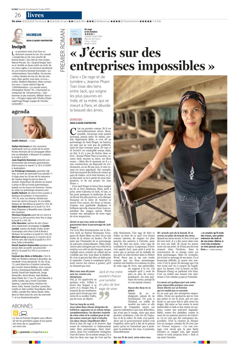JeannePhamTran's tweet photo. "C’est un premier roman. Et il est merveilleusement réussi. Beau, sensible, émouvant mais jamais lacrymal, jamais mélo."
Merci @jcvantroyen pour ce superbe papier-interview dans @lesoir !
#littérature #premieroman #asie #belgique #DrJack #calcutta @MercuredeFrance https://t.co/UCM1zkPblc