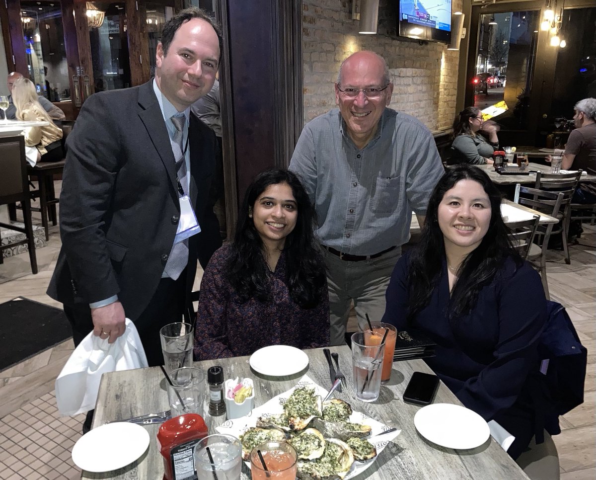 Dinner with the cardiology fellows ⁦<a href="/GiniJeya/">Gini Jeyashanmugaraja</a>⁩, Mary Quien and colleague Evgeny Shkolnik in New Orleans for the ACC annual scientific meetings.