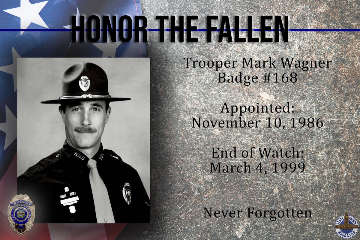 Today, we pause to remember the life and service of Trooper Mark Wagner, who gave his life in the line of duty on March 4, 1999.

#NeverForgotten #NSP168