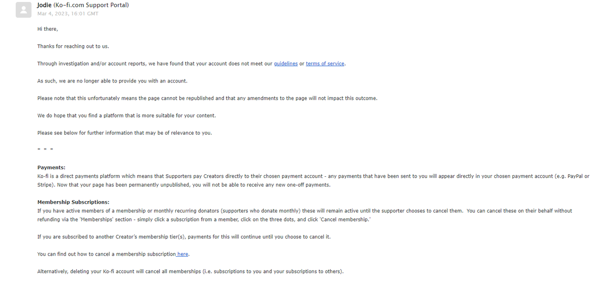 fallen_icarius's tweet photo. So I set up a kofi two days ago!

And Kofi immediately banned me.

I have absolutely nothing on there but two images I own, and their response was that my page violated guidelines and terms of service, and I should fuck off.

My page was live for 2 hours before being banned.. WTF https://t.co/3FOcwn47oq