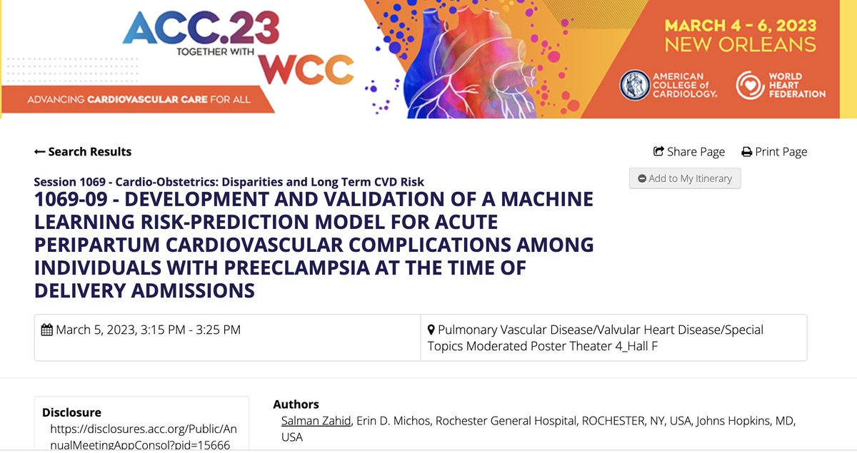 🤖📚🌟 The machines are learning, and we're thrilled to share our #ACC2023 poster on predicting acute peripartum 🫀 complications among pregnant individuals🤰📊 under the mentorship of Dr.@ErinMichos . Our AI ML algorithm is based on a diverse U.S. population. #CardioObstetrics