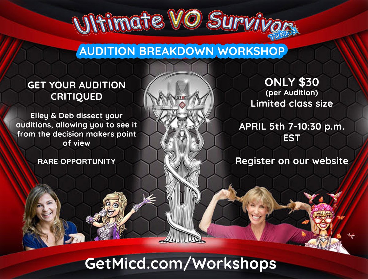 Get_Micd's tweet photo. Wondering how you faired in your original #auditions? Join this unique and limited seating experience!
Elley & Deb will breakdown your auditions with you
$30 per audition critique, April 5th, 7-10 pm EST
REGISTER: https://t.co/5Dfj6Bou8X
#GETMICD #UVOS #VoiceOver #VoiceActing https://t.co/Tva3jSJtc2