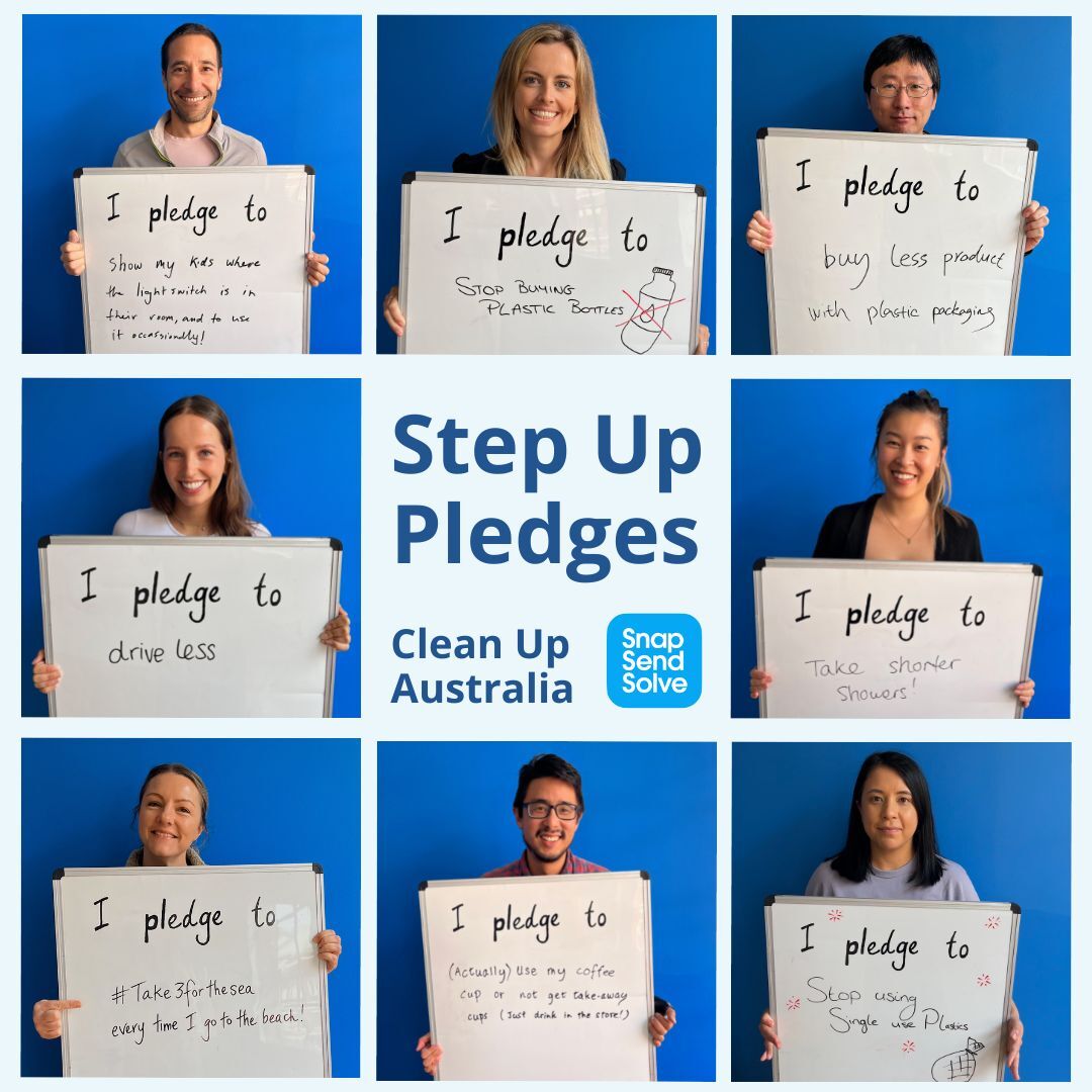 SnapSendSolve's tweet photo. Happy Clean Up Australia Day!
Here are some of our crew’s Step Up Pledges to improve the environment. What will yours be?

#CleanUpAustralia #StepUptoCleanUp #StepUpPledges #SnapSendSolve https://t.co/97CuNWhcoo