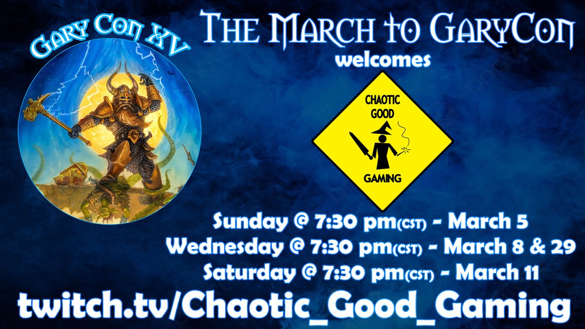 Say hello to <a href="/ChaoticGoodGmng/">Chaotic Good Gaming</a>, supporting the March to Gary Con. A great TTRPG community running several games this month. Check out their streaming schedule showcased here and click that follow button! See you all very soon <a href="/GaryCon/">Gary Con</a> #GaryConXV  #VirtualGaryCon #MarchToGaryCon
