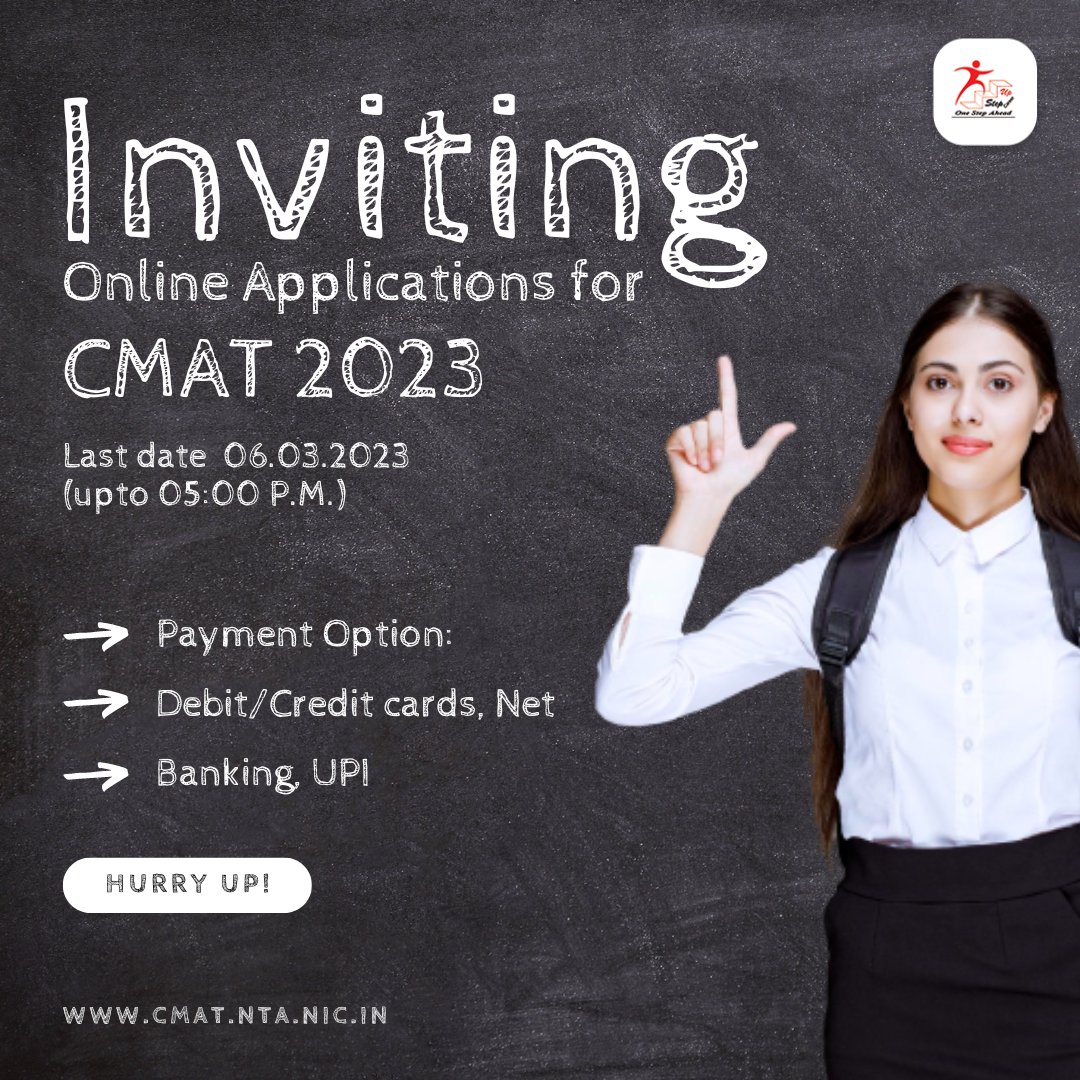 Just One Day Left!
Hurry Up..
Check it here: cmat.nta.nic.in
Stay connected with Step Up Career
.
.
.
.
.
.
#cmatexam #application #OnlineApplication #exams #education #careerdevelopment #careerguidance #careergoals