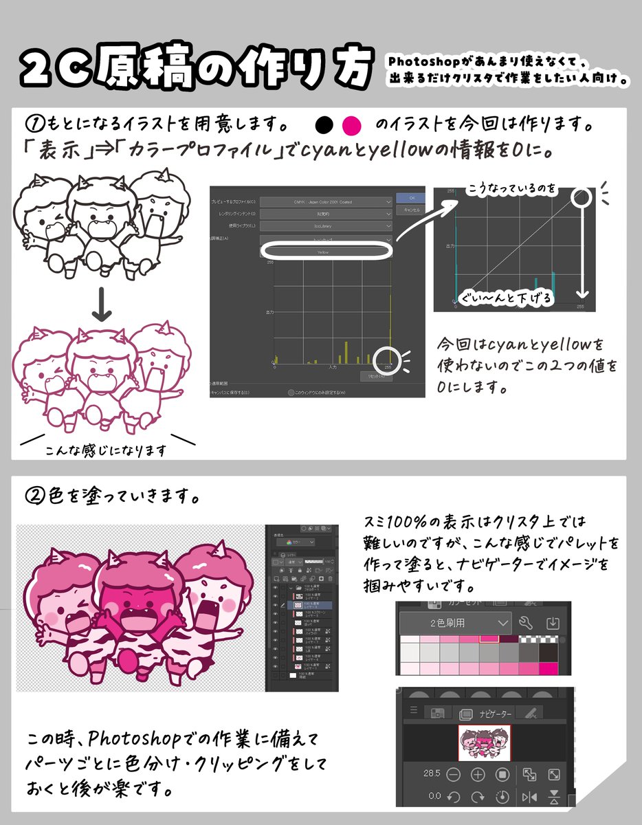 【力技2Cイラストの作り方2/3】
「Photoshopの使用は最小限&ほぼクリスタでなんとか2Cイラストを作りたい…!」というわがままな自分の力業メイキング✒→