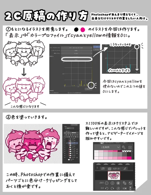 【力技2Cイラストの作り方2/3】
「Photoshopの使用は最小限&amp;ほぼクリスタでなんとか2Cイラストを作りたい…!」というわがままな自分の力業メイキング✒→ 