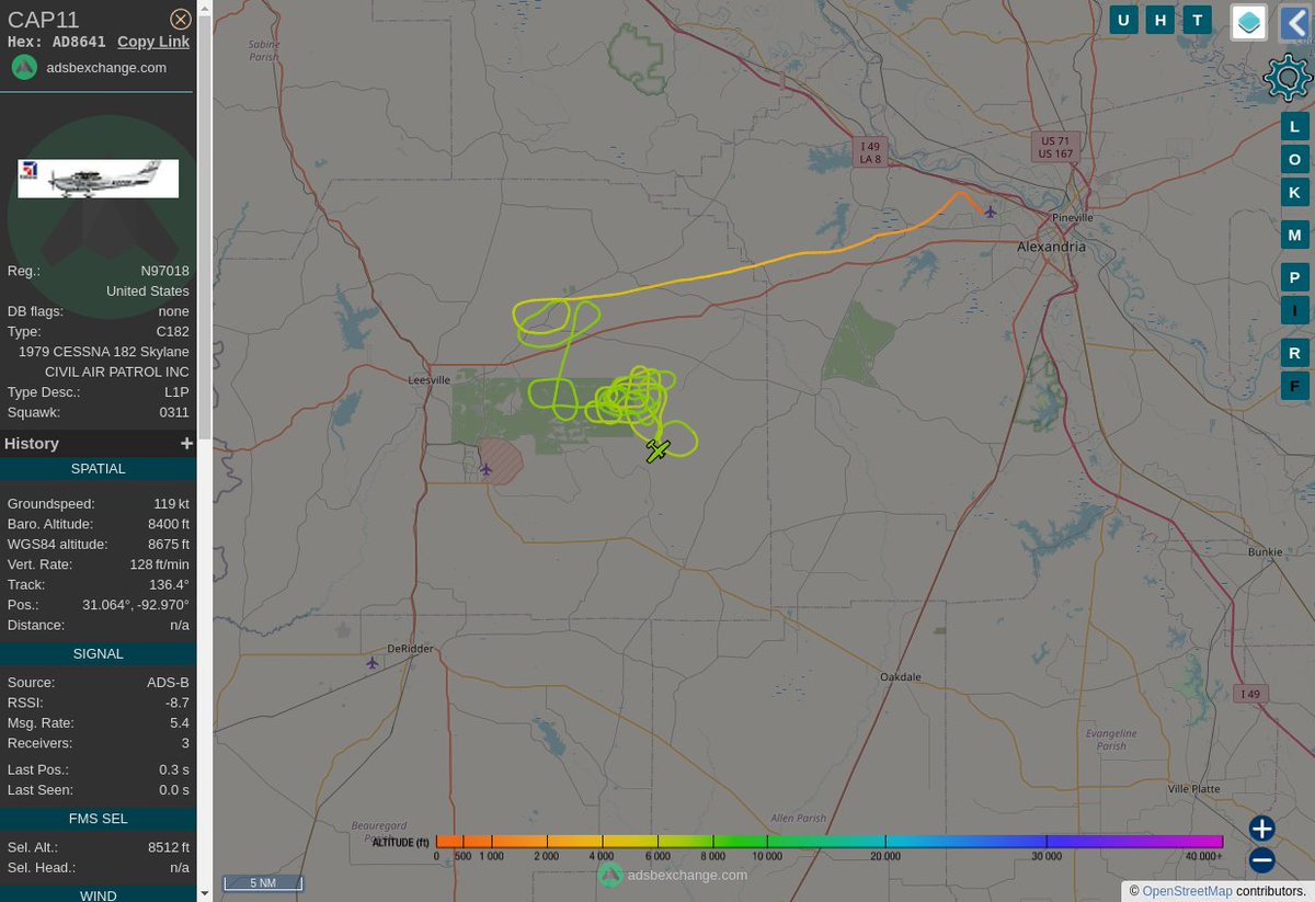 Radar_Assistant's tweet image. MULTI ADSBX MANOEUVRING ALERT : At time Sun Mar  5 03:53:17 2023 #CAP11    was likely to be manoeuvring at FL81 11nm from GUV Gator_NDB_US
 near Vernon Parish, Louisiana, United States #AvGeek #ADSB globe.adsbexchange.com/?icao=AD8641&amp;amp;z…