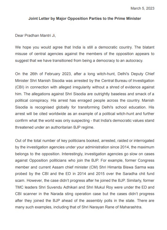 AamAadmiParty's tweet image. 9 Opposition Leaders including CM @ArvindKejriwal write to PM Modi‼️

“@msisodia&apos;s arrest will be cited worldwide as an example of a political witch-hunt &amp;amp; further confirm what the world was only suspecting- India&apos;s democratic values stand threatened under an authoritarian BJP”