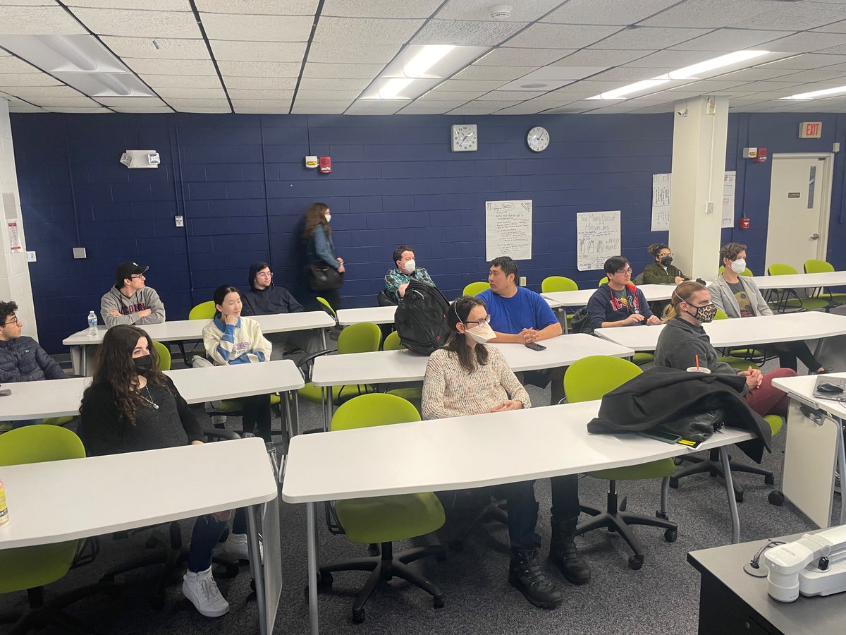 GameDevProf's tweet photo. It was lovely to have alumn Amanda Brickner and her colleague Kyle Yonut, mocap animators from Rockstar Games, talk about working in the industry, what makes a good portfolio, and being on Battlebots! I’m so proud of her work 🙂  @UConnDMD @UConn   #gamedev #animation #battlebots https://t.co/QZpVv8tDsl