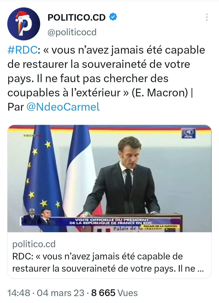 __Verlaine__'s tweet photo. On a frôlé l'incident diplomatique hier en RDC ⤵️

Macron:
« Vous n’avez jamais été capable de restaurer la souveraineté de votre pays. Il ne faut pas chercher des coupables à l’extérieur » 

Réponse de Tshisekedi:
« Regardez nous autrement en nous respectant, la Françafrique n’existe plus »