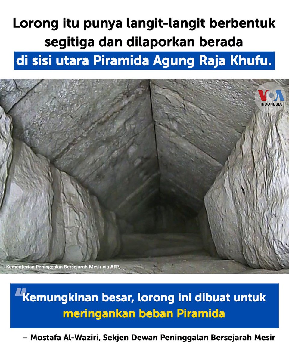 voaindonesia's tweet image. Akankah makam Raja Khufu, salah satu Firaun, kelak ditemukan?

Arkeolog Zahi Hawass—kepala komite yang mengawasi penemuan ini—meyakini penemuan lorong ini dapat membuktikan keberadaan makam Sang Raja.

#scanpyramids #piramida #mesir #khufu #firaun