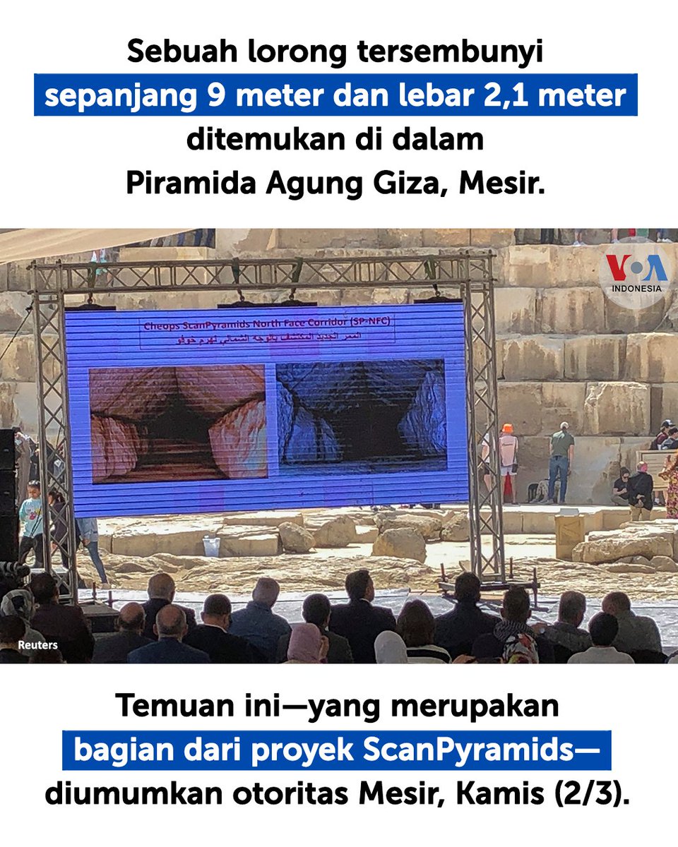 voaindonesia's tweet image. Akankah makam Raja Khufu, salah satu Firaun, kelak ditemukan?

Arkeolog Zahi Hawass—kepala komite yang mengawasi penemuan ini—meyakini penemuan lorong ini dapat membuktikan keberadaan makam Sang Raja.

#scanpyramids #piramida #mesir #khufu #firaun