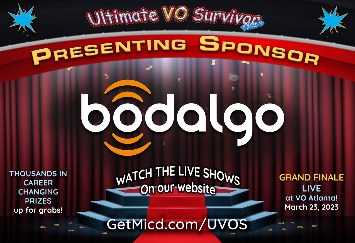 Get_Micd's tweet photo. Tune in for the Grand Finale of the Ultimate VO Survivor, LIVE! March 23rd, 8-10 p.m. EST
Brought to you by Bodalgo!
Professional voice actors.
Award-winning online casting.
https://t.co/142UZlOuUP
#GETMICD #Bodalgo #VoiceOver #UVOS #VoiceCasting #onlinecasting #VoiceActing https://t.co/C8Ej0TKBnN